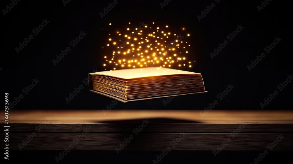 Poster books floating in the air within a flying and cognition concept. a magical floating book emitting gl
