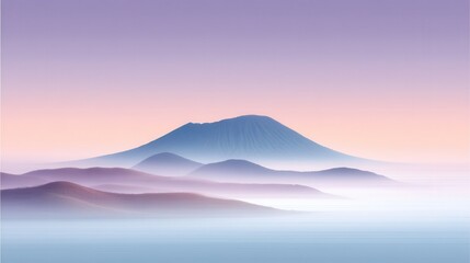 A serene view of mountains shrouded in mist, showcasing soft hues of purple and blue at dawn, reflecting the beauty of nature and evoking a sense of tranquility and peace.