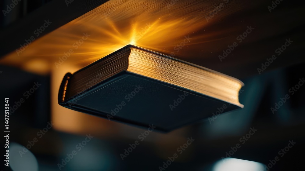 Poster books floating in the air within a flying and cognition concept. a book illuminated softly, showcasi