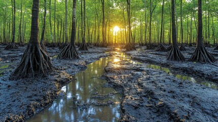 Sunlight filters through a mangrove forest.  Muddy paths and shallow pools reflect the golden light.  Extensive root systems are prominent