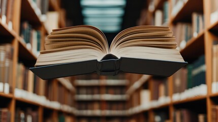 Books floating in the air on cognition and bookshelves concept. An open book hovering in a serene library atmosphere.