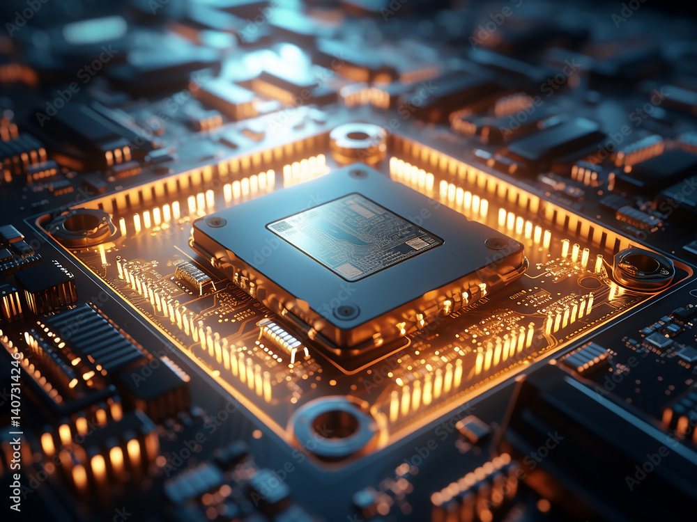 Poster in the nano-processor, quantum chips process data, revealing blinking operation lights