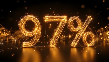 Bright golden 97 percent rendered with light trails on a black reflective surface