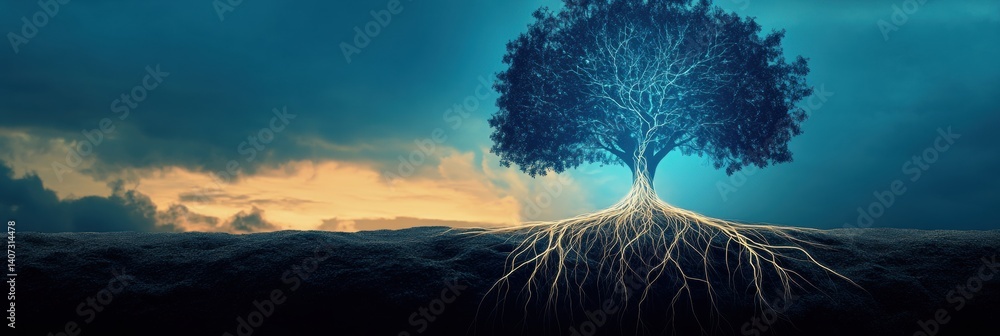 Poster roots of a tree mimicking neural network structure symbolizes organic intelligence in a serene lands