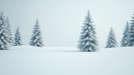 Obraz premium A serene winter landscape featuring tall evergreen trees blanketed in fresh, white snow. The soft light enhances the peaceful atmosphere, creating a tranquil winter scene.
