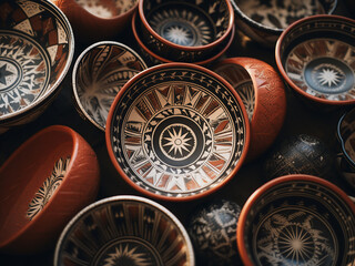 Circular earth tone patterns in Native pottery designs express and showcase cultural heritage