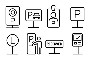 outline vector icons of corporate parking: company logo spot, executive space, employee permit, numbered sign, level badge, visitor guide, reserved plate, check-in panel. No text. The icons should be