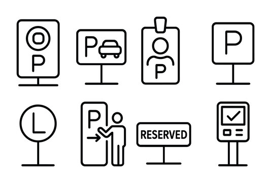 outline vector icons of corporate parking: company logo spot, executive space, employee permit, numbered sign, level badge, visitor guide, reserved plate, check-in panel. No text. The icons should be