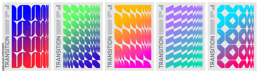 Poster Abstract gradient geometric pattern graphic in brutalism aesthetics, Set minimalistic poster with vibrant postmodern ornament, Futuristic tech transition colorful shapes, cover template