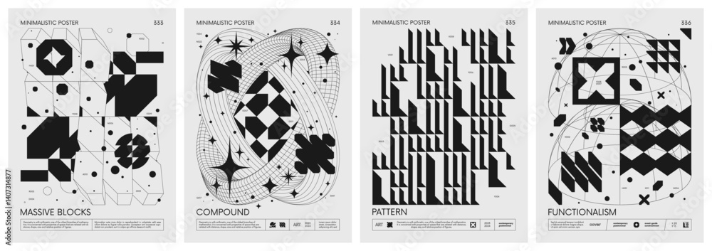 Poster brutalism style vector minimalistic posters with silhouette postmodern figures, futuristic abstract 