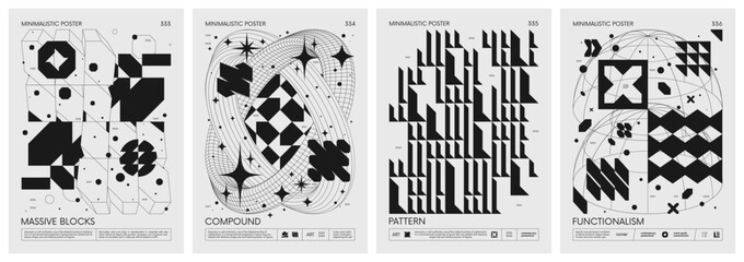 Brutalism style vector minimalistic Posters with silhouette postmodern figures, Futuristic abstract graphic wireframe elements of geometric shapes rave composition, Trendy modern print artwork set 84