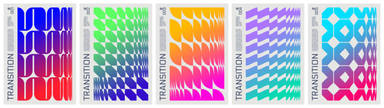 Abstract gradient geometric pattern graphic in brutalism aesthetics, Set minimalistic poster with vibrant postmodern ornament, Futuristic tech transition colorful shapes, cover template