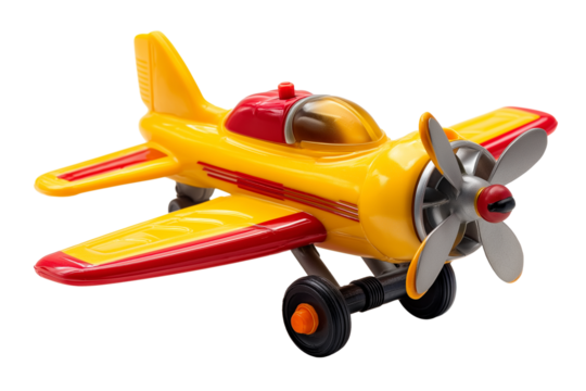 Yellow and red toy airplane with propeller isolated on transparent white background