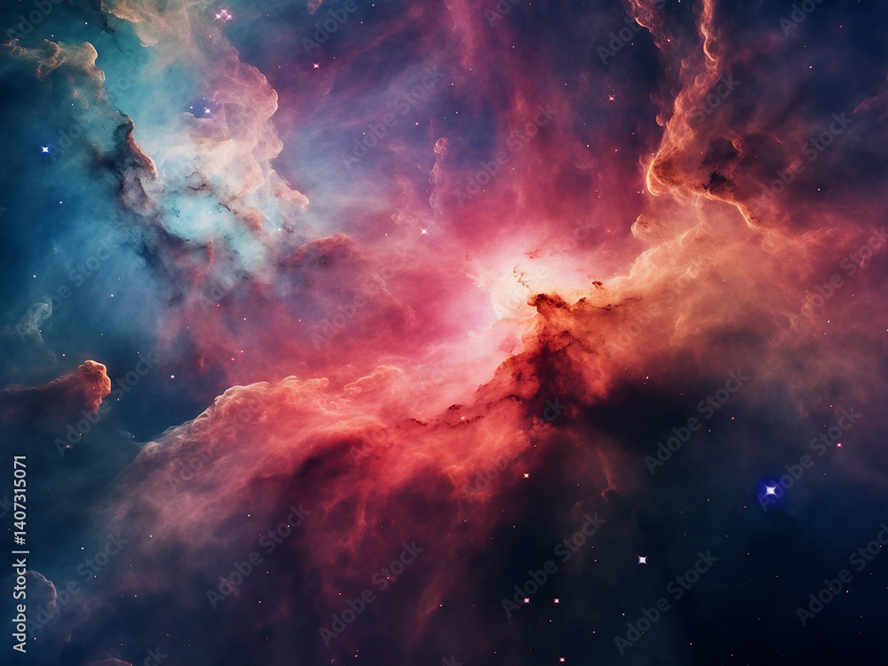 Poster star births begin in swirling nebula clouds where gas patterns and colors mix in space