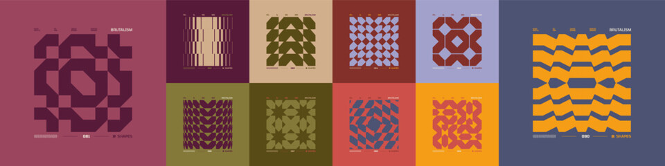 Kit of Postmodern geometric compositions with abstract shapes in brutalism aesthetics, mosaic of brutal figures, trendy color retro futuristic elements, vector modernist ornament, cards art 9