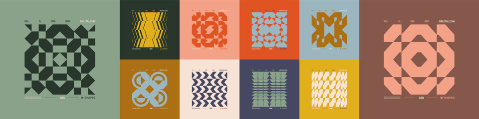 Kit of Postmodern geometric compositions with abstract shapes in brutalism aesthetics, mosaic of brutal figures, trendy color retro futuristic elements, vector modernist ornament, cards art 10