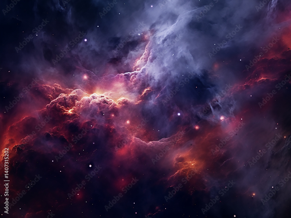 Poster swirling nebula clouds in vast cosmic colors form new stars creating a fresh universe
