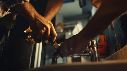 Plumber repairing a water pipe under a sink. Featuring pipe repair and plumbing services