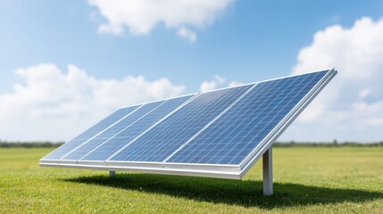 A solar panel system installed in a grassy field under a bright blue sky. The renewable energy source reflects innovation and sustainability in modern technology.