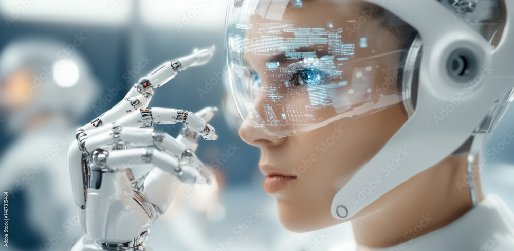Poster In a high-tech laboratory, a synthetic figure examines digital data displayed on a visor. The advanced robot showcases the fusion of artificial intelligence and human-like characteristics.