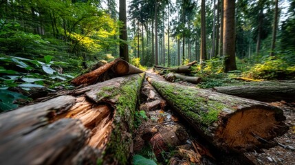 Fototapeta premium Lush Green Forest Path with Sunlit Trees Enchanted Woods Nature Photography Tranquil Atmosphere Low Angle Exploration
