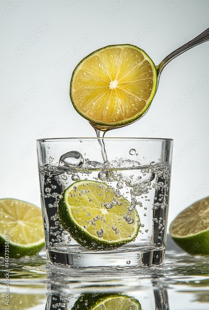 Poster fresh lime slices drop into a glass with sparkling water creating bubbles and a refreshing drink, pe