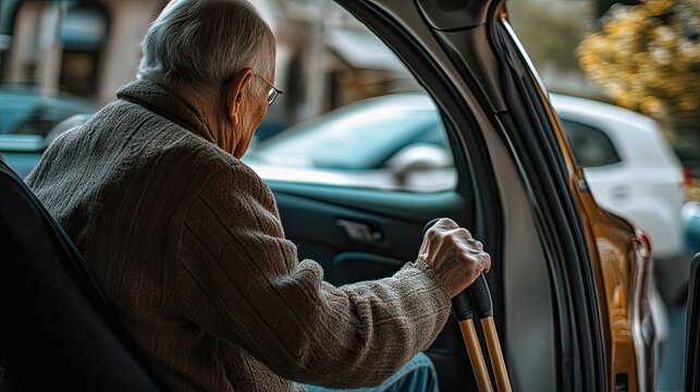 car, elderly, old person, senior citizen, nurse, cane, get off, door, get off, parking lot, assistance, automobile, back seat, taxi, rental car, barrier-free, backseat, welfare, vehicle, steps, tire, 