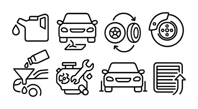 outline vector icons of car maintenance: oil change, tire rotation, brake check, fluid refill, engine tune-up, battery check, alignment, air filter replace. No text. The icons should be clean.