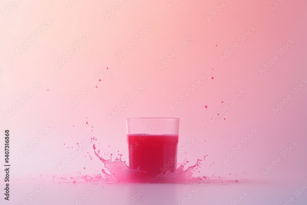 Poster A vibrant red liquid splashes into a clear glass cup, creating a dynamic display of droplets as it hits a smooth surface, with ample copy space on the right