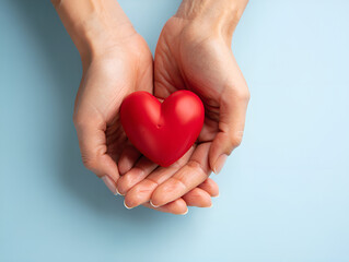 Fototapeta premium overhead perspective showing a pair of feminine hands holding a vibrant red heart, positioned in the top left corner against a pastel blue background, soft lighting and shadows, warm tone promoting 