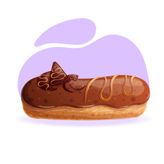 Delicious chocolate eclair with caramel and custard on a purple background close-up. The concept of confectionery, baking, cooking. Isolated vector illustration for menu design, posters, banners
