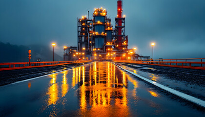 Naklejka premium Industrial Complex at Dusk on a Wet Road
