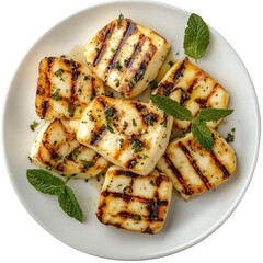 Grilled halloumi cheese slices garnished with fresh mint and spices, served on a white plate, isolated on transparent background.