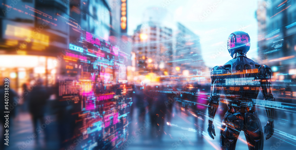 Leinwandbilder a synthetic robot stands amidst a bustling city, reflecting on its existence. around it, vibrant dat