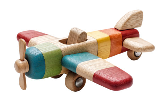 colorful wooden toy airplane isolated on transparent white background