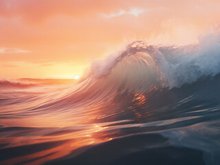 Wave tops catching the horizon as mist clears at ocean dawn with first light breaking through