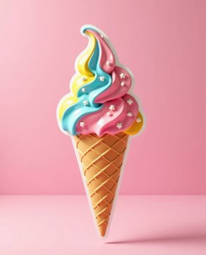 stylized pink ice cream cone with sprinkles on pastel background