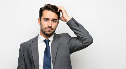 Man in a suit scratching his head and looking confused on a white background in a studio shot . linear icon collection. editable stroke icons. vector illustration 