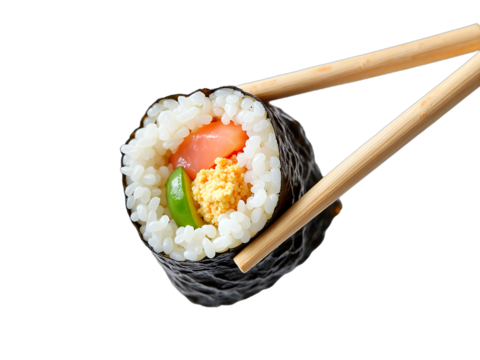 Chopsticks holding sushi isolated on a transparent background. Fresh sushi roll with rice, seaweed, cucumber, omelet filling. Perfect for food blogs, Japanese cuisine menus.