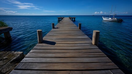 Obraz premium 青い海に伸びる木製の桟橋と白いボート
