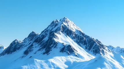 Majestic snow covered mountain peak against clear blue sky, surrounded by winter landscape and bare trees. serene and breathtaking view of nature beauty