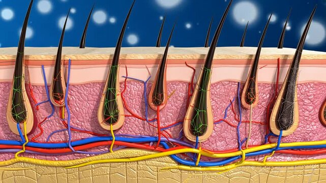Hair follicles and epidermis.