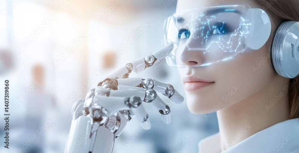 Poster A humanoid robot engages in thought, showcasing advanced technology. It has sleek features and digital displays over its eyes, emphasizing the intersection of humanity and synthetic intelligence.