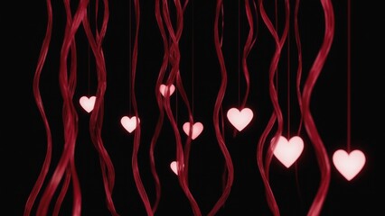Red heart-shaped lights hanging in a stylized design for holidays or events.