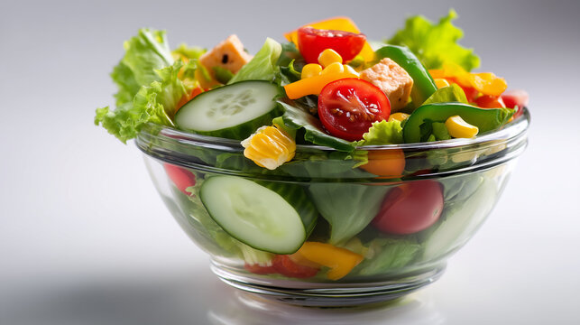 Colorful fresh vegetable salad in a glass bowl with cherry tomatoes, cucumbers, lettuce, cheese cubes, and corn on a white background.

 - Powered by Adobe