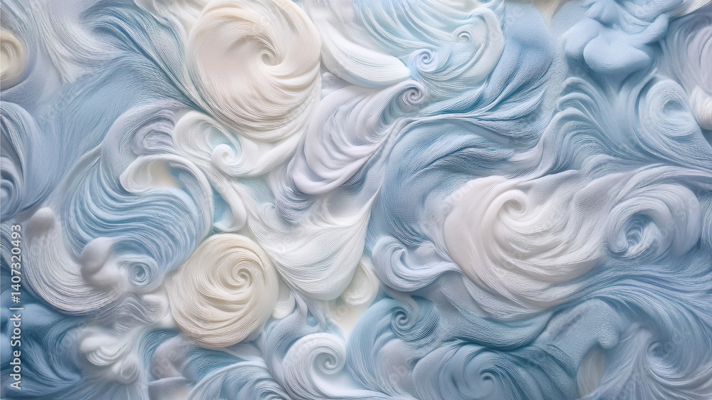 Poster a swirling abstract pattern in pastel tones of blue, white, and beige. the design features smooth gr