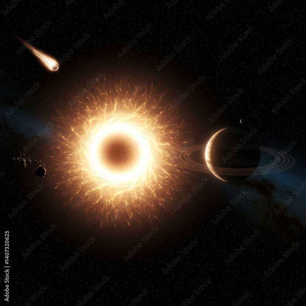 Poster cosmic ring nebula explosion: a celestial event near a gaseous planet and comet
