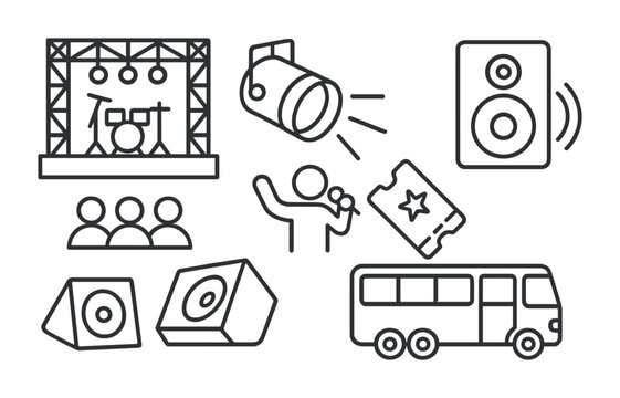 outline vector icons of live music: concert stage, audience, spotlight, loudspeaker, performer icon, stage monitor, event ticket, tour bus. No text. The icons should be clean. isolated transparent