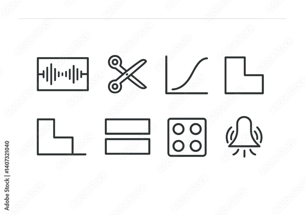 Poster outline vector icons of audio editing: audio track, cut tool, volume curve, fade in, fade out, track