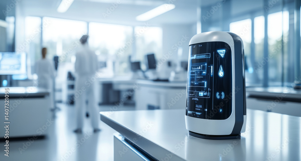 Poster A sleek robot stands in a futuristic lab filled with advanced technology.